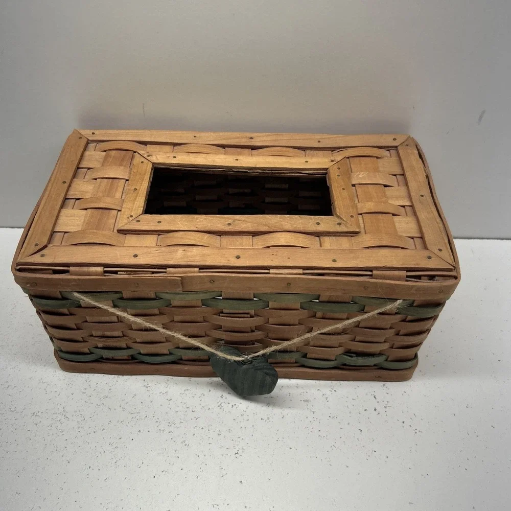 Longaberger Style‎ - Woven Wood Tissue Box Cover Heart Charm Basket Decor